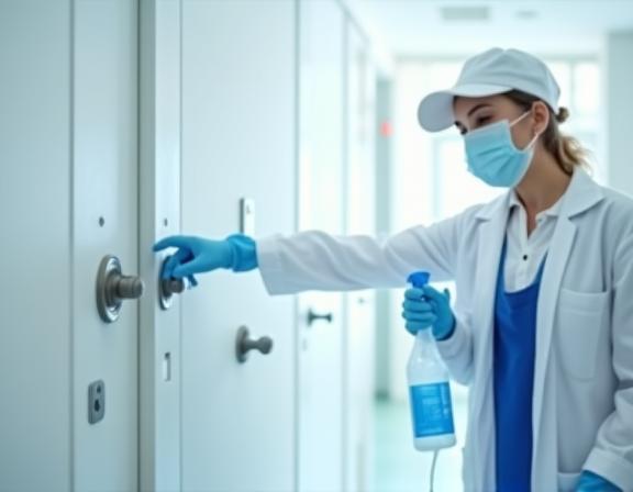 Bayan Clean & Maintain staff member in professional attire meticulously sanitizing a high-touch surface in a Kuwait facility